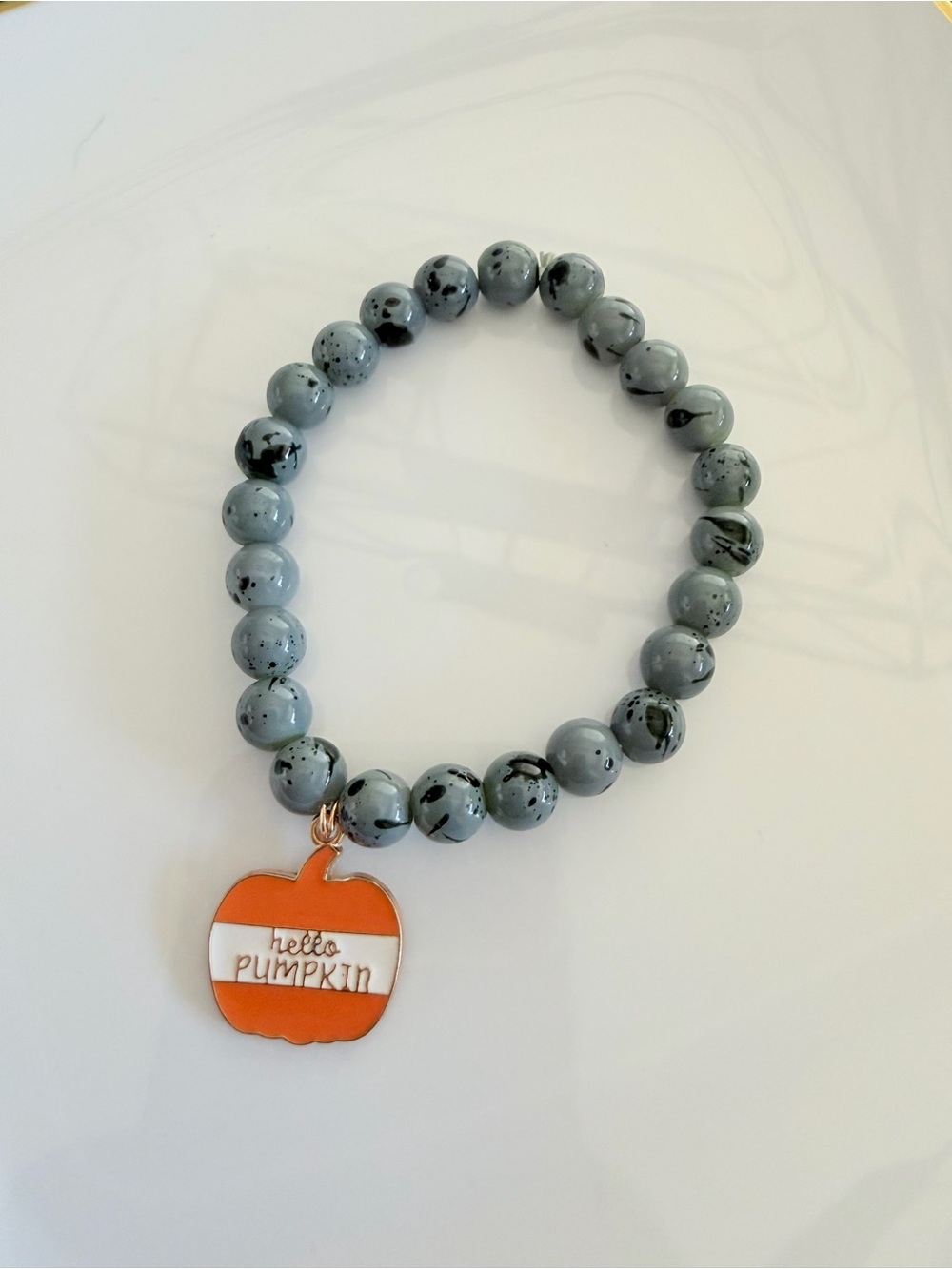 Hello Pumpkin Gray Beaded Stretch Bracelet Handmade Fall Jewelry